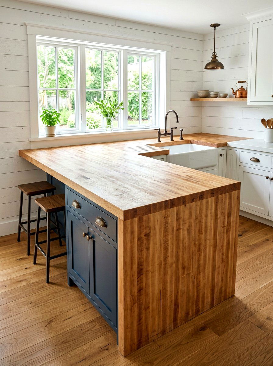Butcher Block Waterfall Island - 30 waterfall countertop ideas