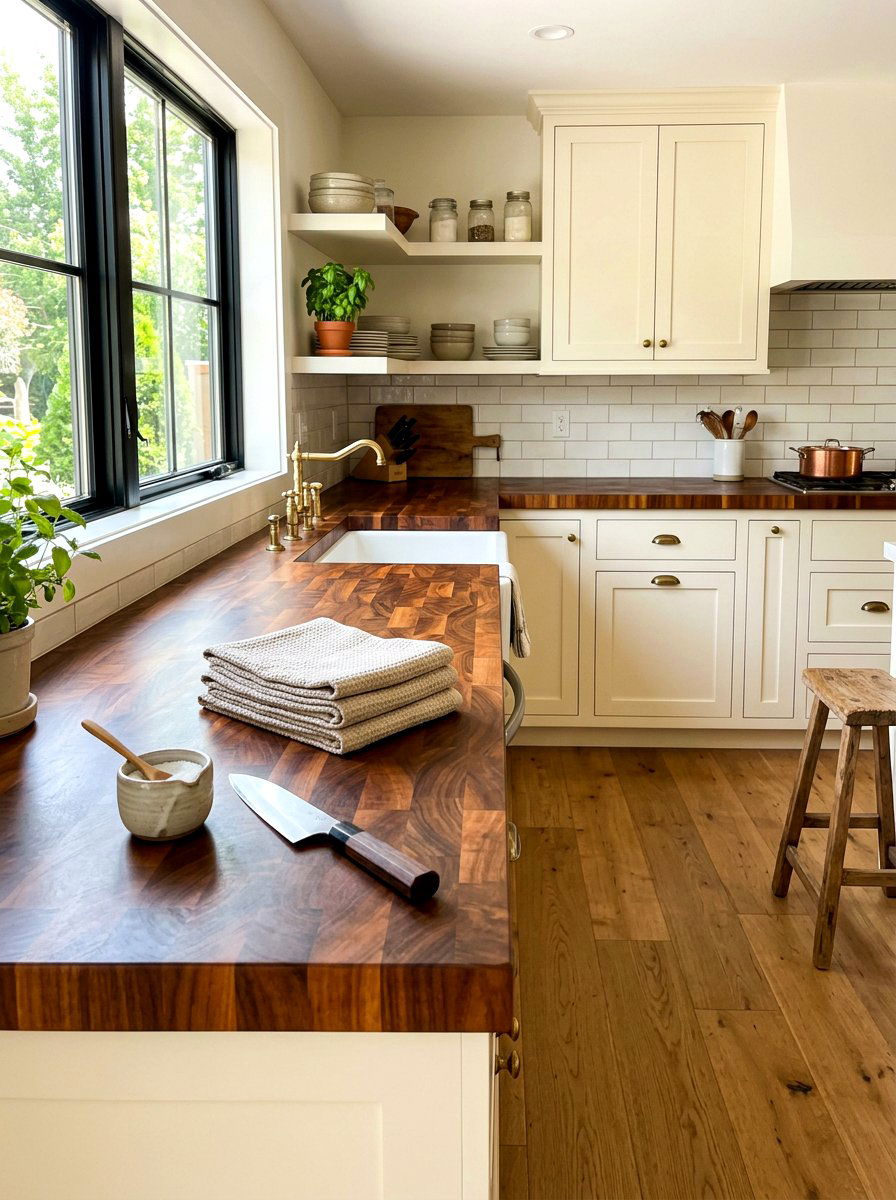Butcher block countertops - 30 cottagecore kitchen ideas