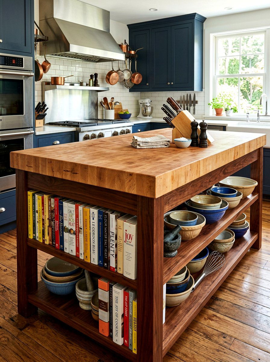 Butcher block island with lower shelf - 30 island bookshelf ideas