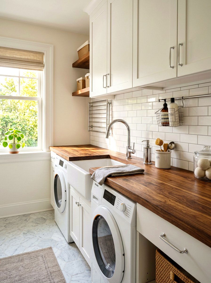 Butcher block laundry countertop - 30 laundry room folding station ideas