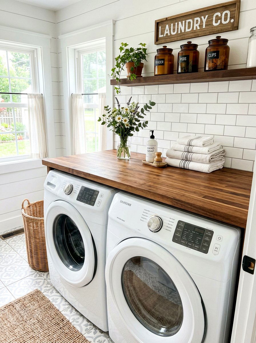 Butcher block laundry countertop - 30 small laundry room ideas
