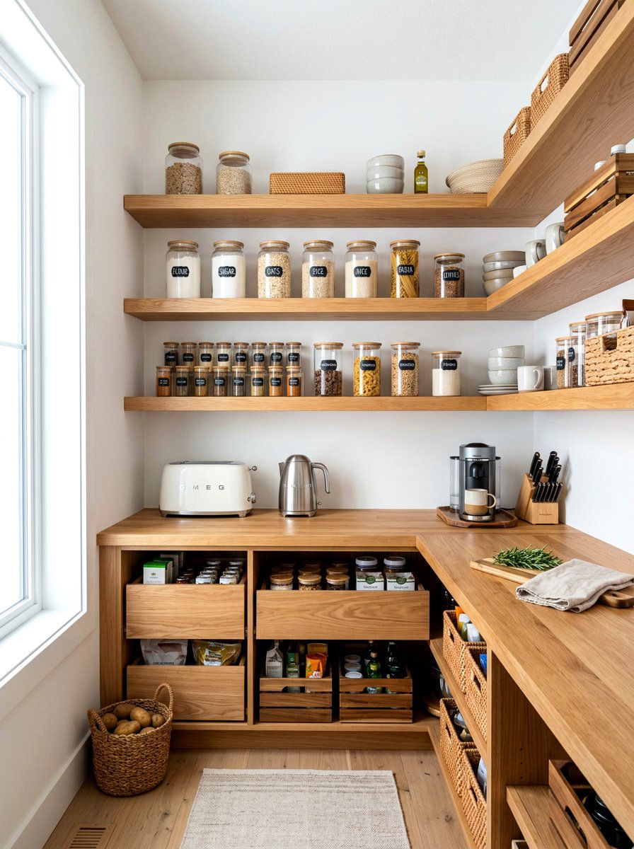 Butcher block pantry shelving workspace - 30 butcher block countertop ideas