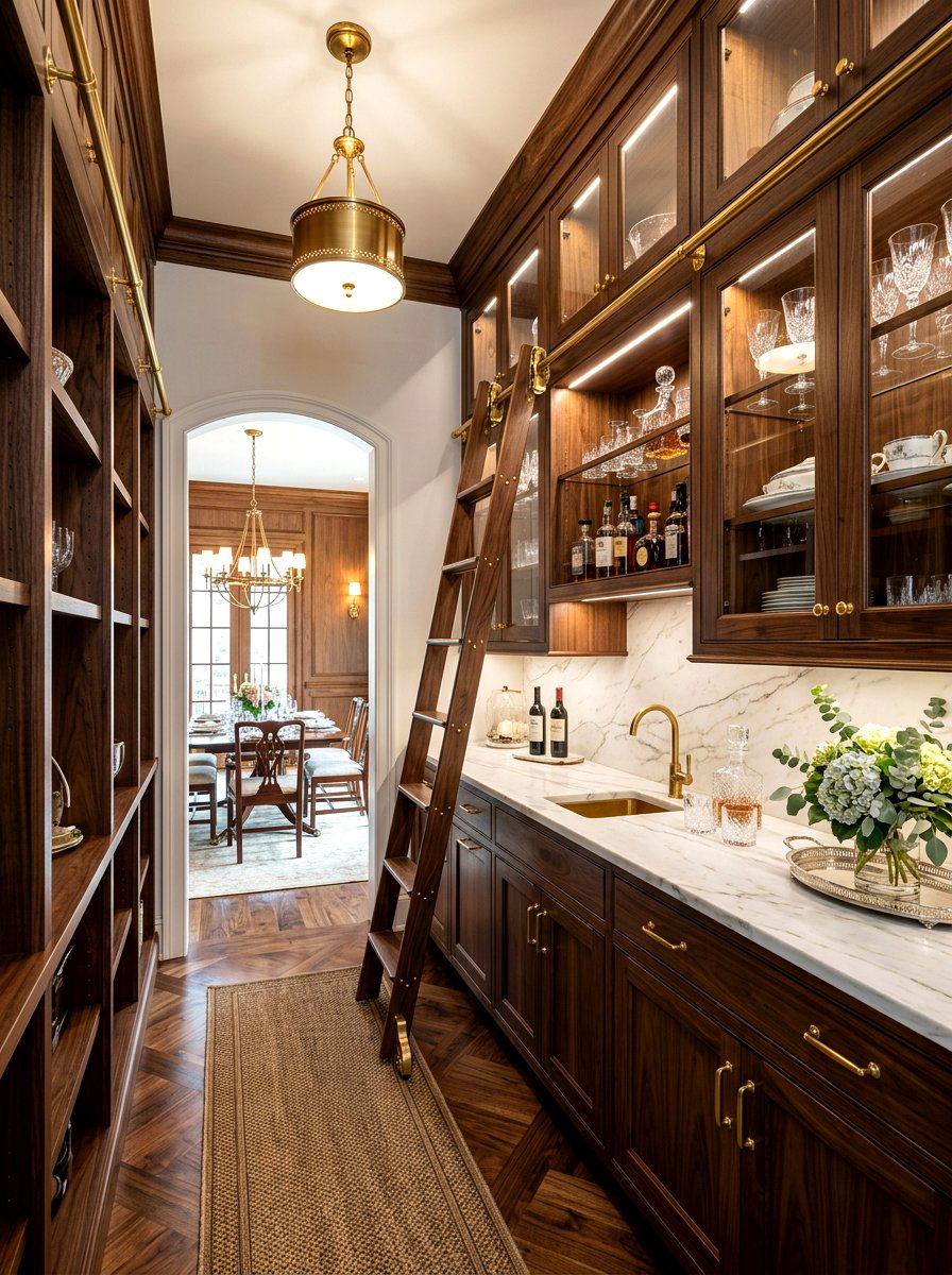 Butlers Pantry With Walnut Ladder - 30 pantry with library ladder ideas
