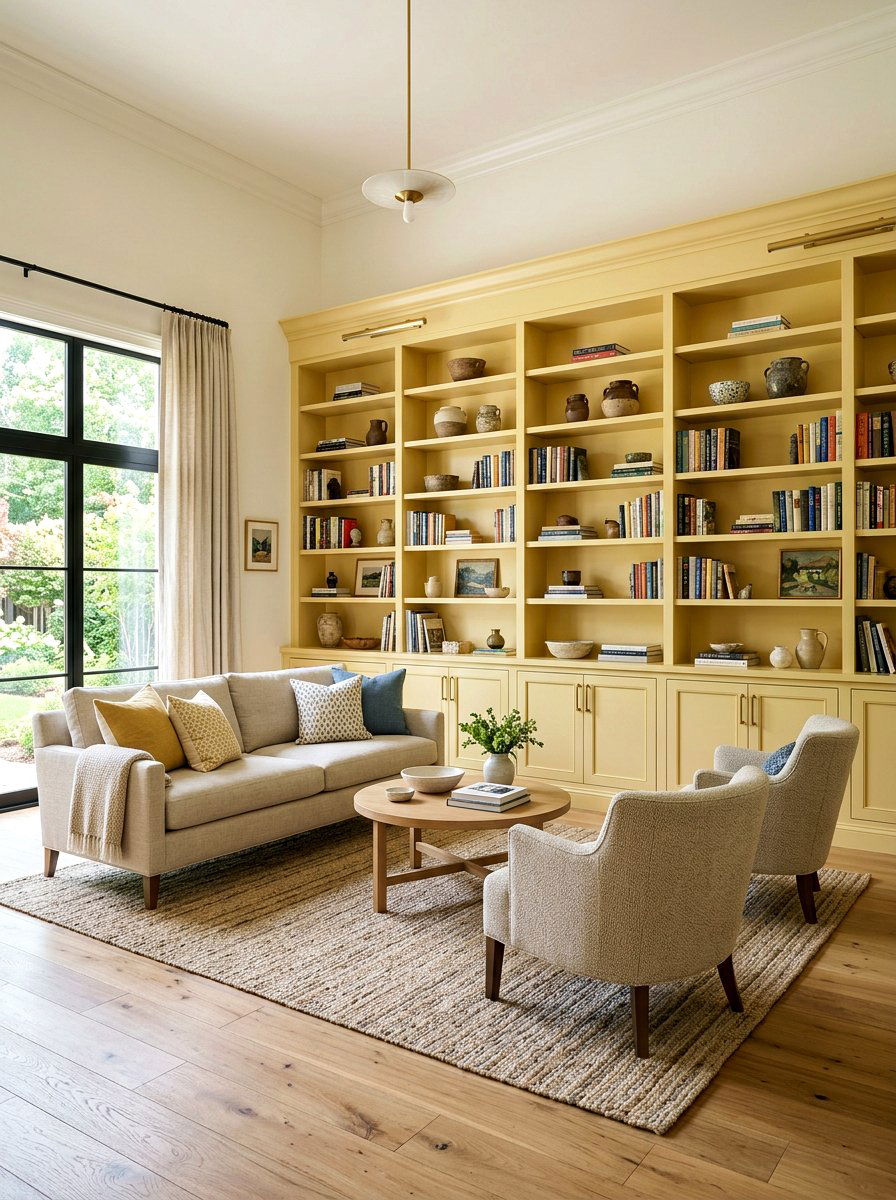 Butter Yellow Built Ins - 30 butter yellow living room ideas