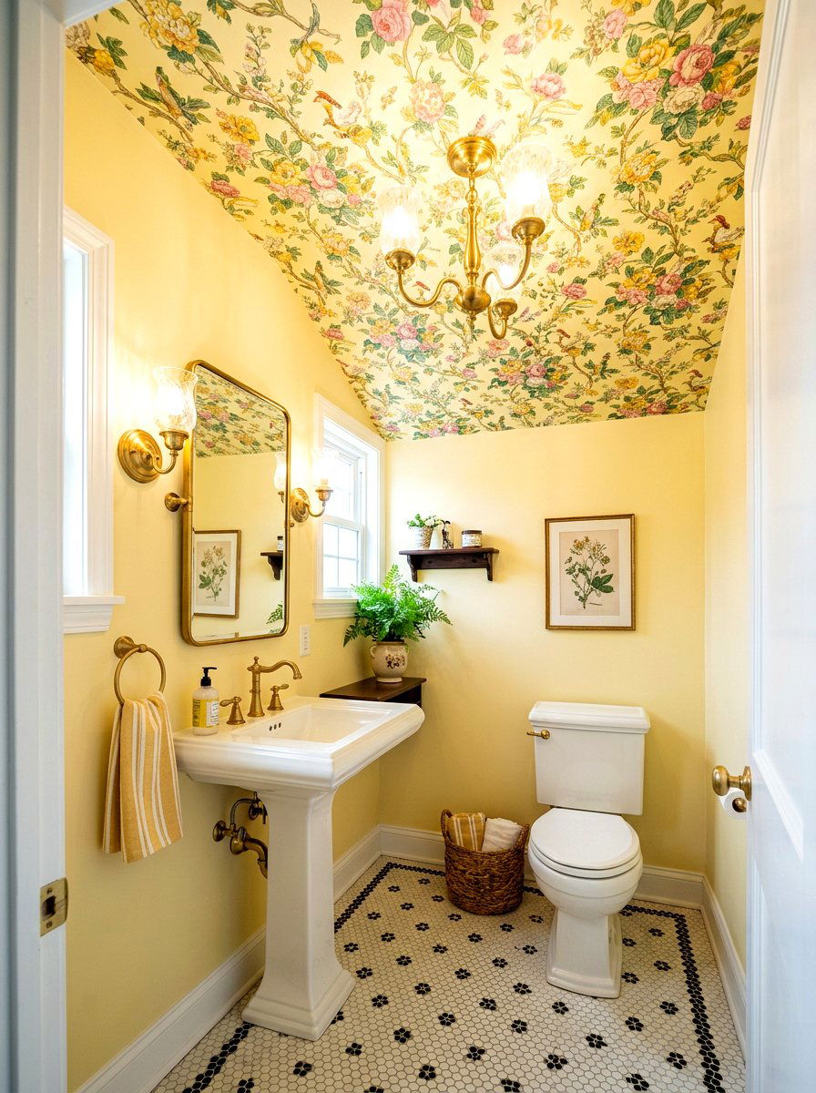 Butter Yellow Floral Ceiling - 30 butter yellow powder room ideas