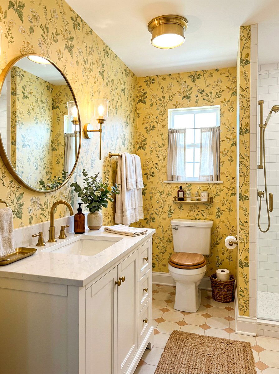 Butter Yellow Floral Wallpaper - 30 butter yellow powder room ideas