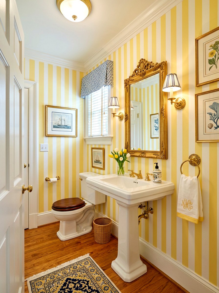 Butter Yellow Striped Wall - 30 butter yellow powder room ideas