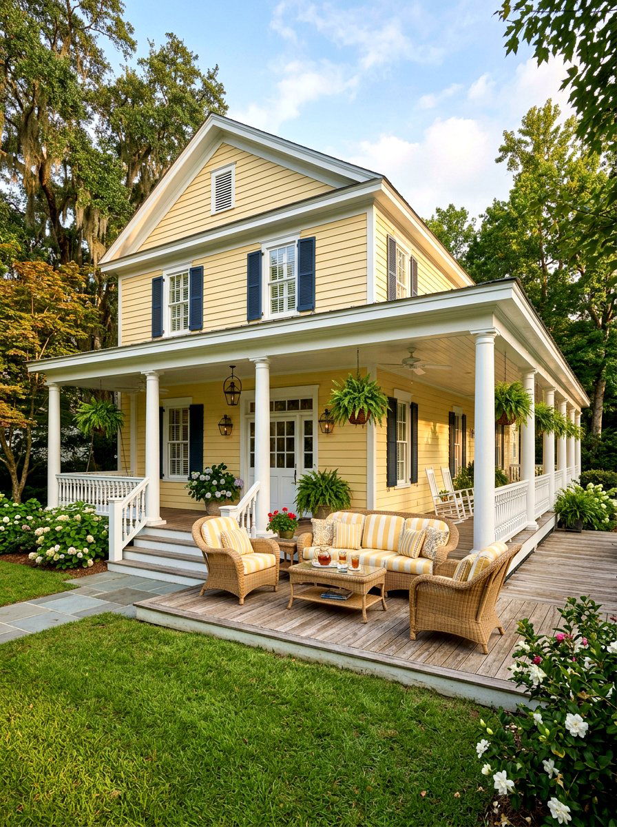 Butter Yellow Wrap Around Porch - 30 butter yellow exterior ideas