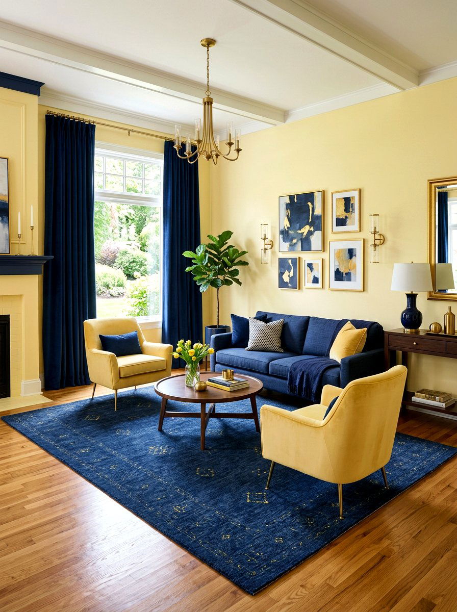 Butter Yellow and Navy - 30 butter yellow living room ideas