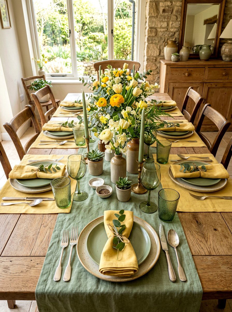Butter yellow and sage green table - 30 butter yellow tablescape ideas