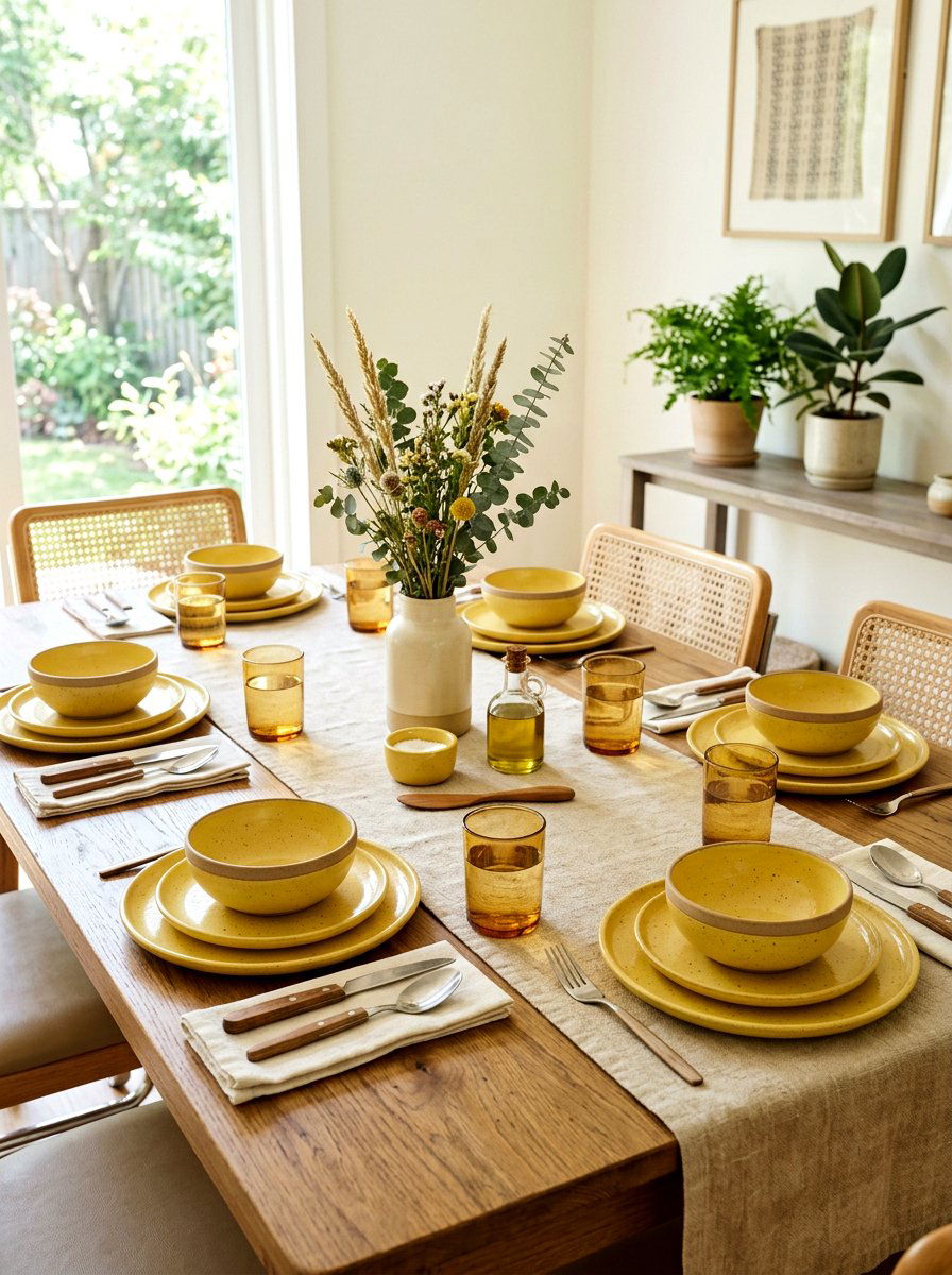 Butter yellow ceramic dinnerware - 30 butter yellow tablescape ideas
