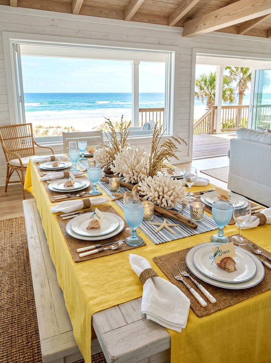 Butter yellow coastal table setting - 30 butter yellow tablescape ideas
