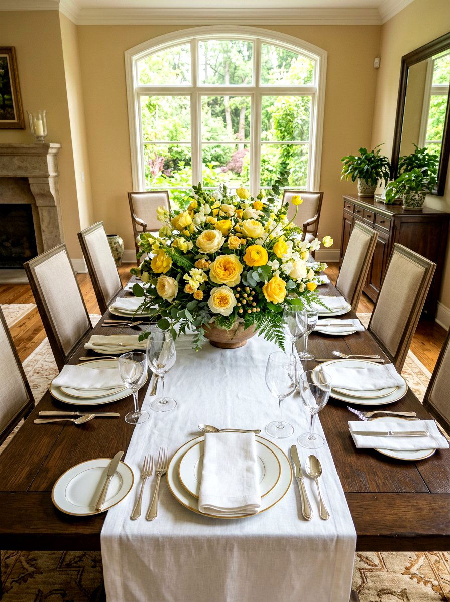 Butter yellow floral centerpiece - 30 butter yellow tablescape ideas