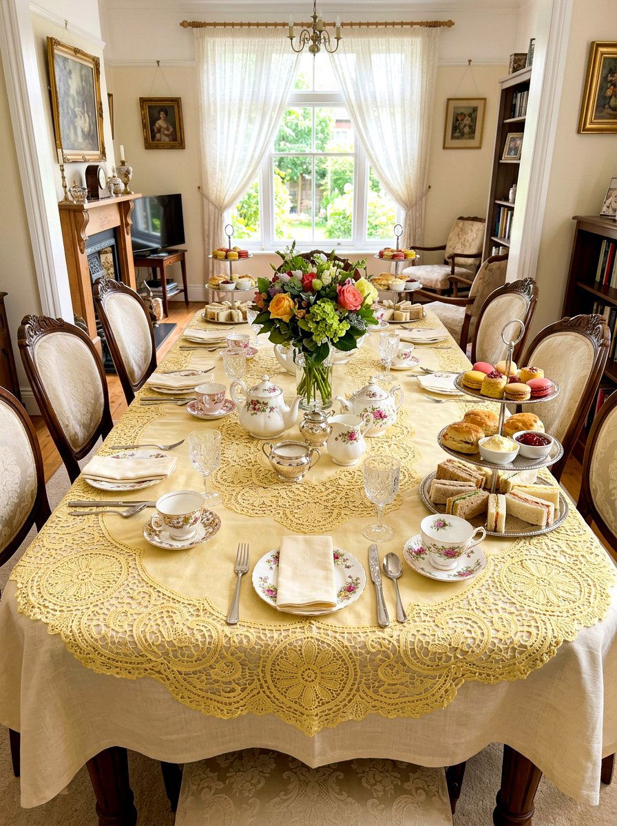 Butter yellow lace tablecloth overlay - 30 butter yellow tablescape ideas