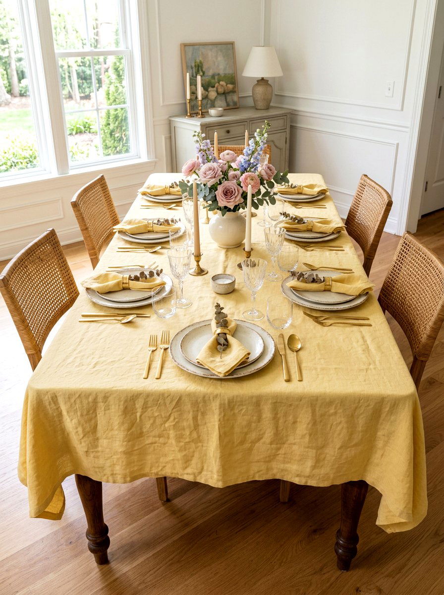Butter yellow linen tablecloth - 30 butter yellow tablescape ideas