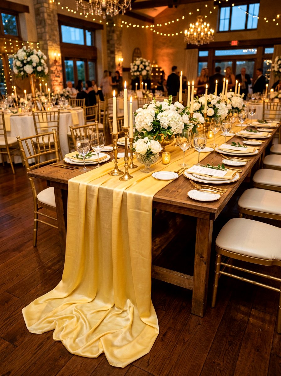 Butter yellow silk table runner - 30 butter yellow tablescape ideas