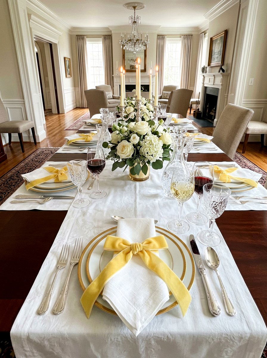 Butter yellow velvet ribbons - 30 butter yellow tablescape ideas