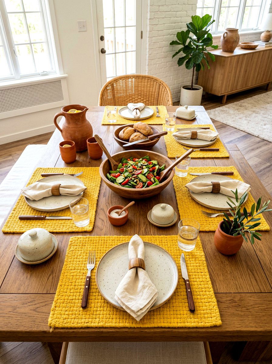 Butter yellow woven placemats - 30 butter yellow tablescape ideas