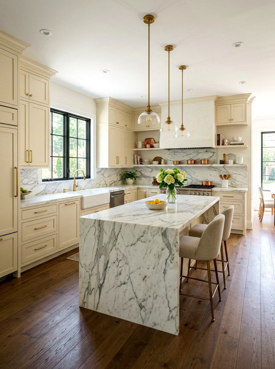 Buttercream cabinets marble counters - 30 buttercream kitchen ideas