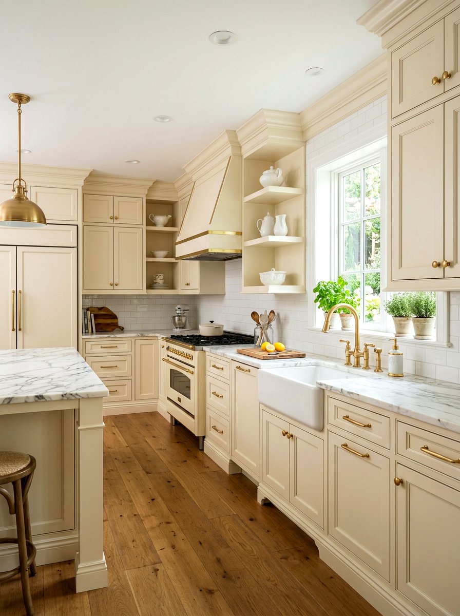 Buttercream gold kitchen hardware - 30 buttercream kitchen ideas