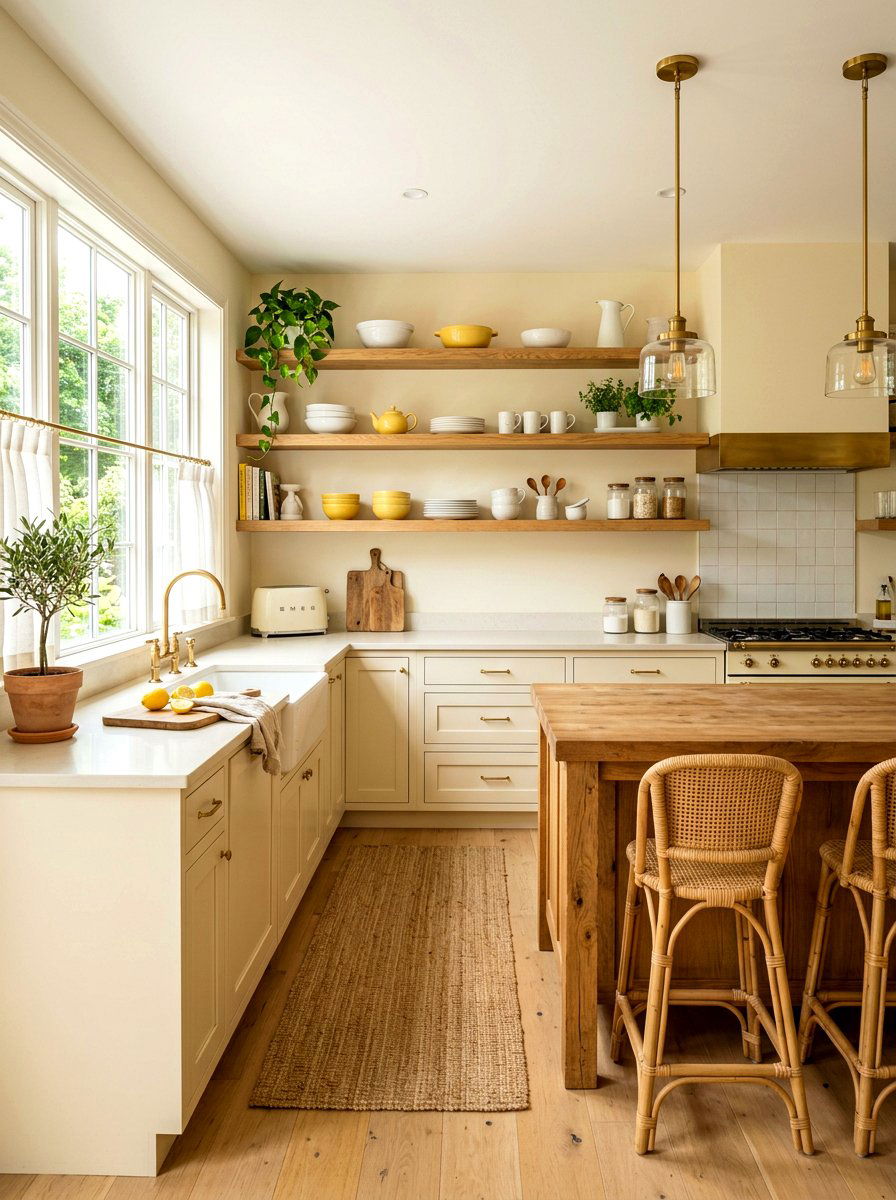 Buttercream kitchen open shelving - 30 buttercream kitchen ideas