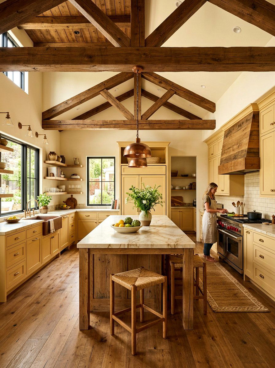 Buttercream kitchen wood beams - 30 buttercream kitchen ideas