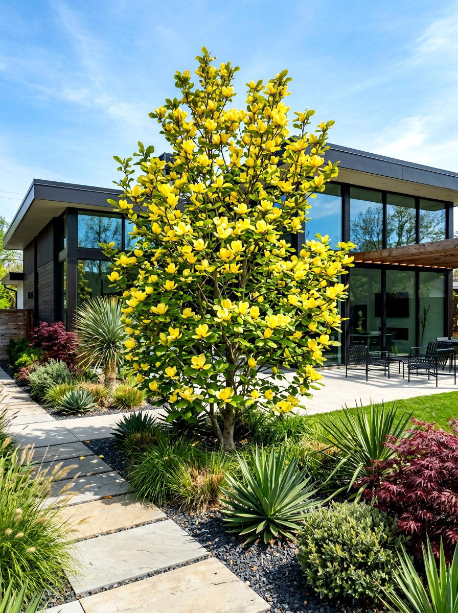 Butterflies Magnolia Modern Yard - 30 magnolia front yard ideas