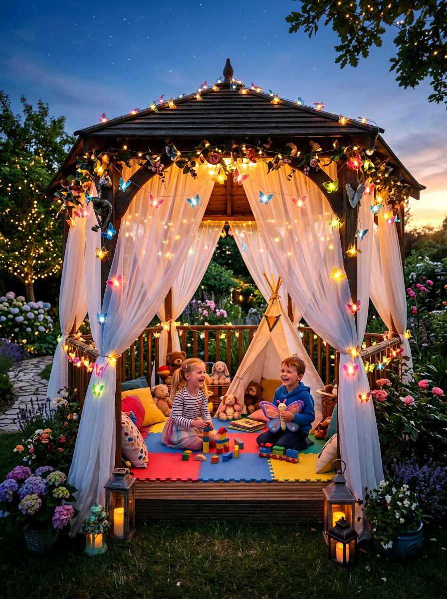 Butterfly String Lights On Sheer Fabric - 30 gazebo curtain lighting ideas