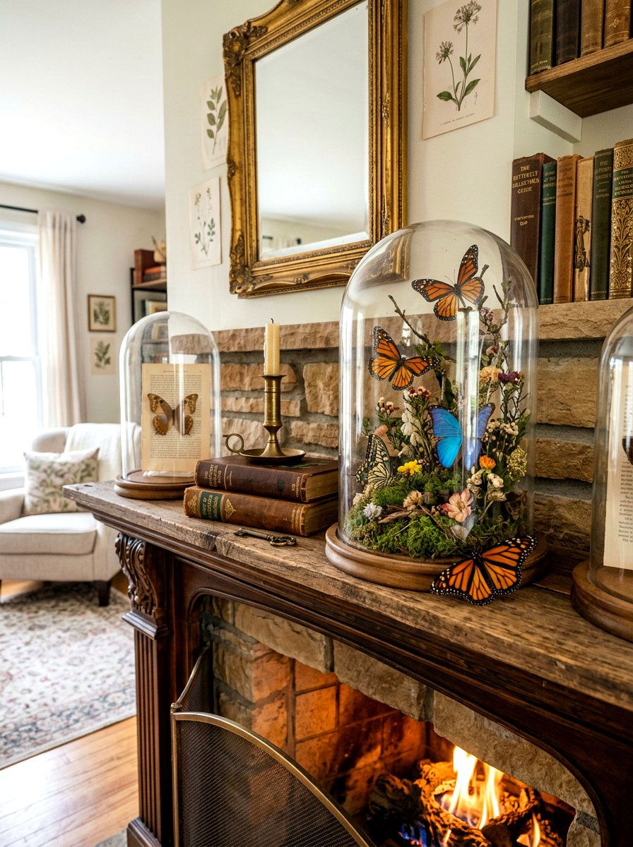 Butterfly and cloche mantel - 30 spring mantel decor ideas