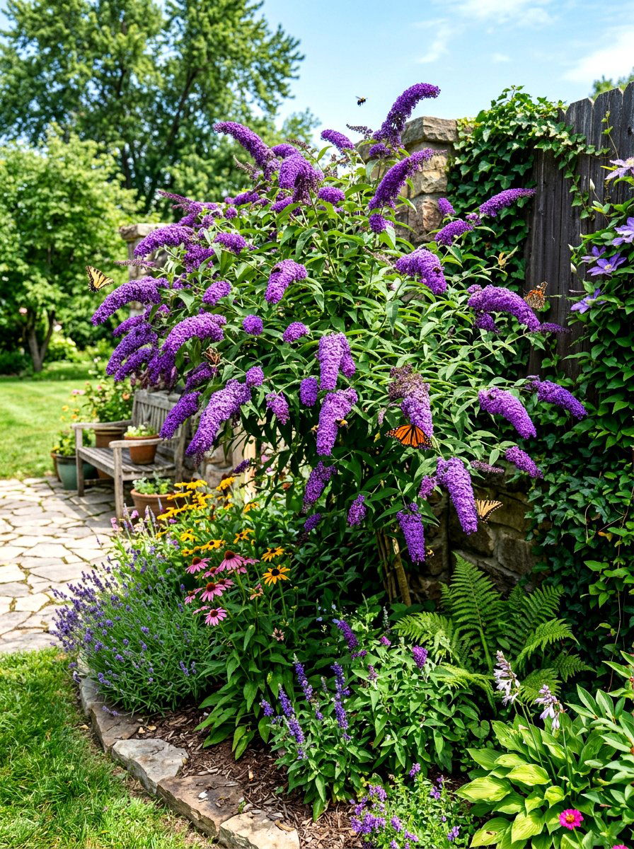 Butterfly bush corner - 30 purple flower garden ideas