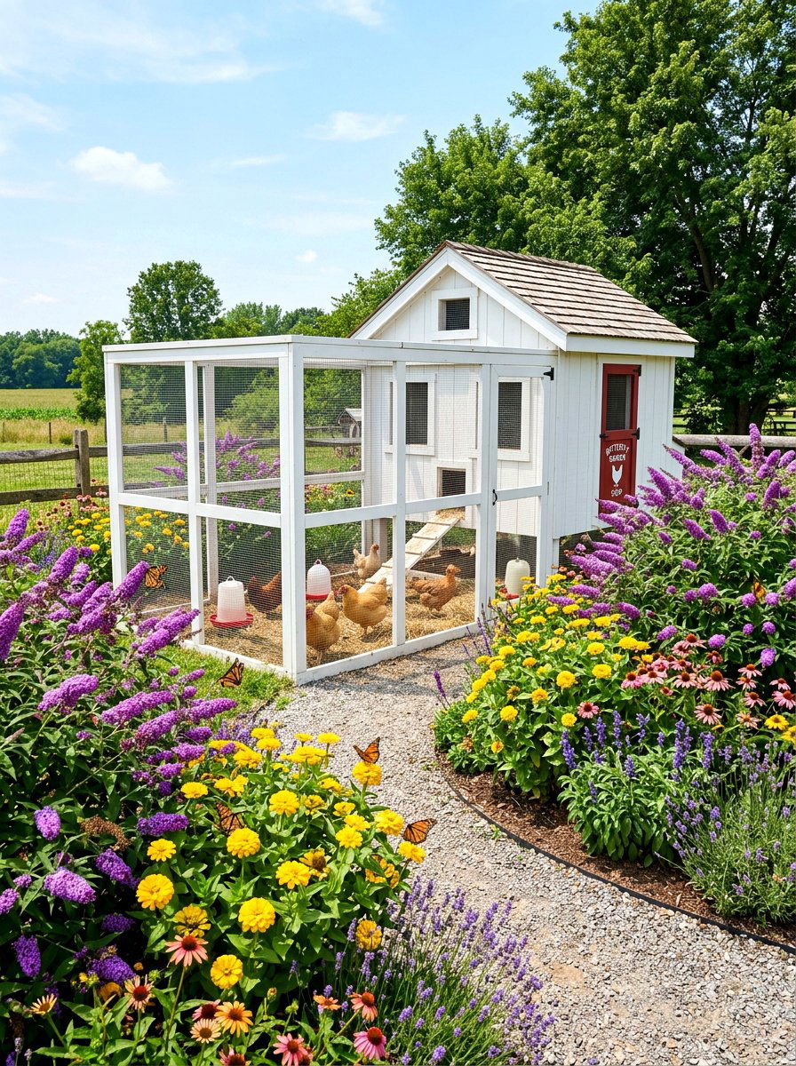 Butterfly garden chicken coop area - 30 backyard coop garden ideas