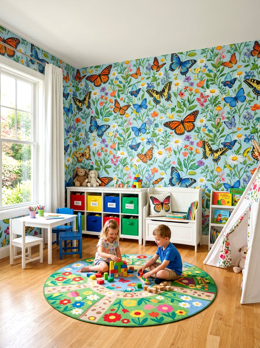 Butterfly garden playroom - 30 garden print wallpaper ideas
