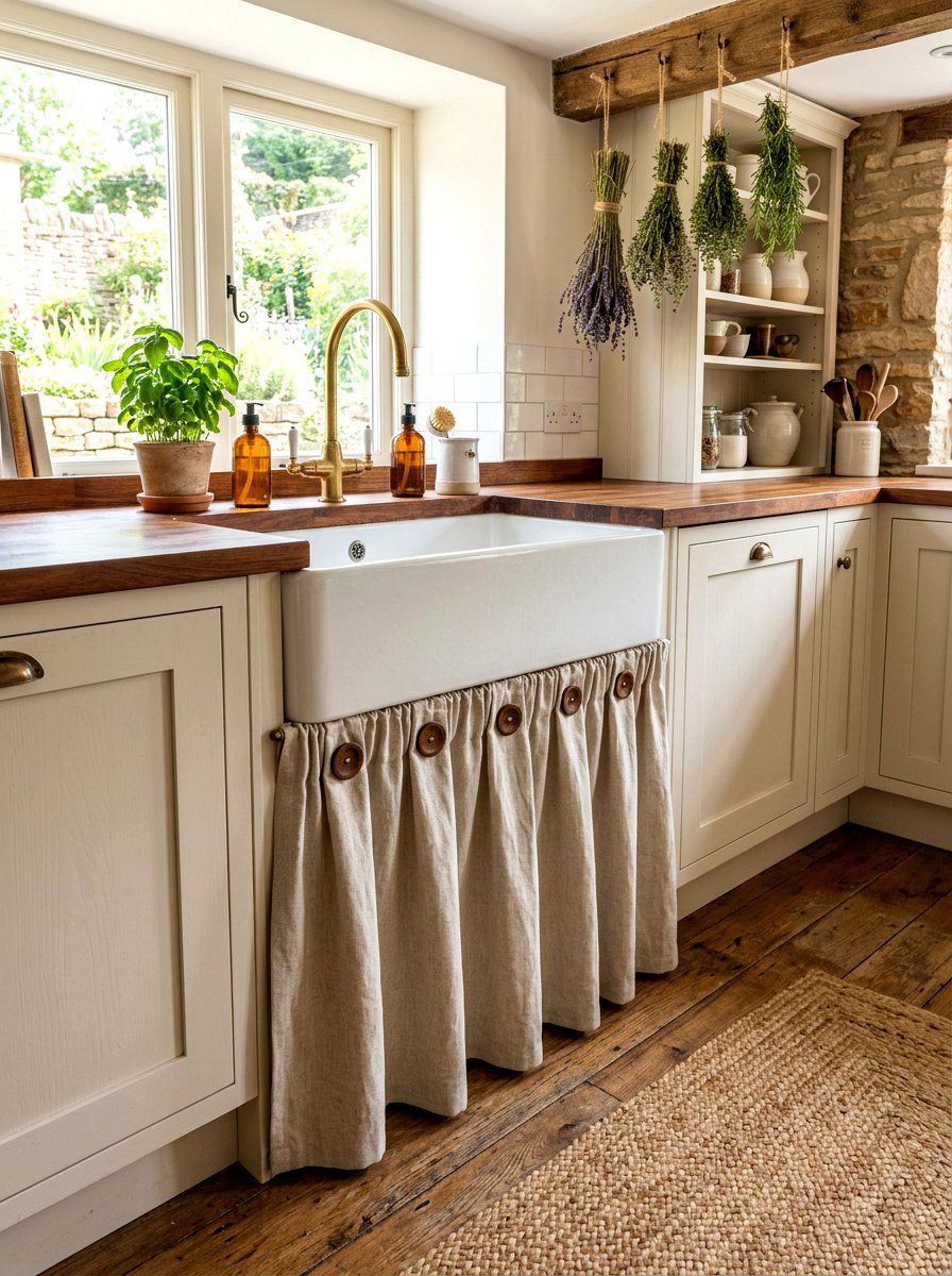 Buttoned fabric sink skirt - 30 skirted sink ideas