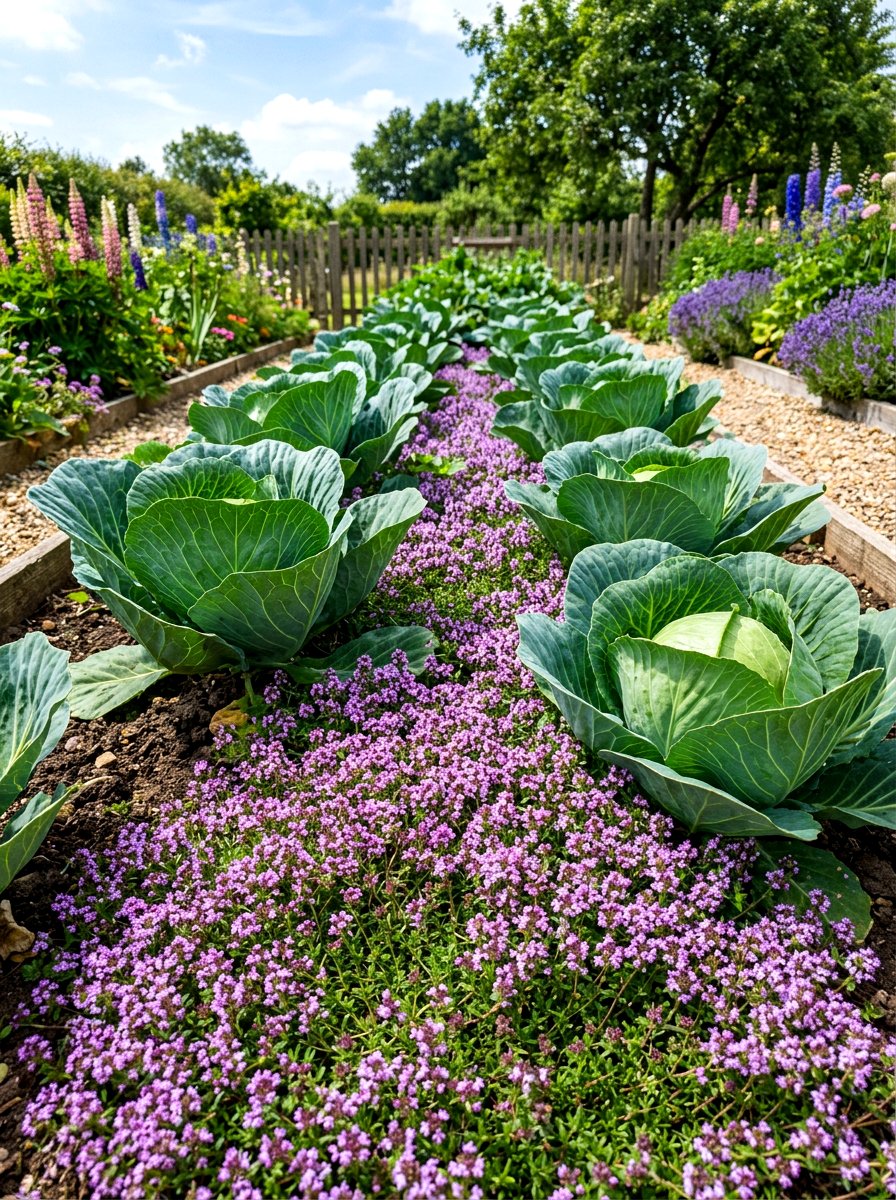 Cabbage and thyme garden pairing - 30 vegetable garden companion planting ideas