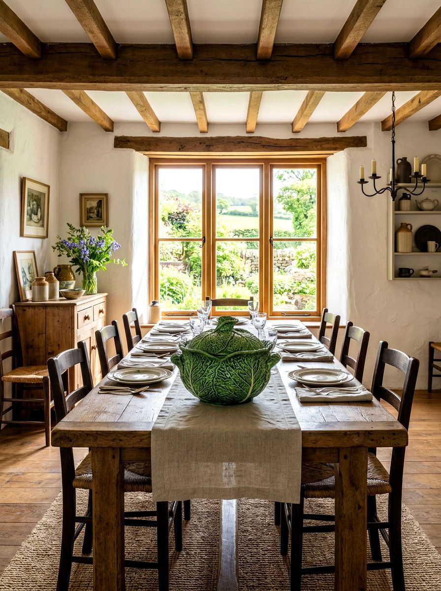 Cabbage leaf centerpiece on farmhouse table - 30 cabbagecore dining room ideas
