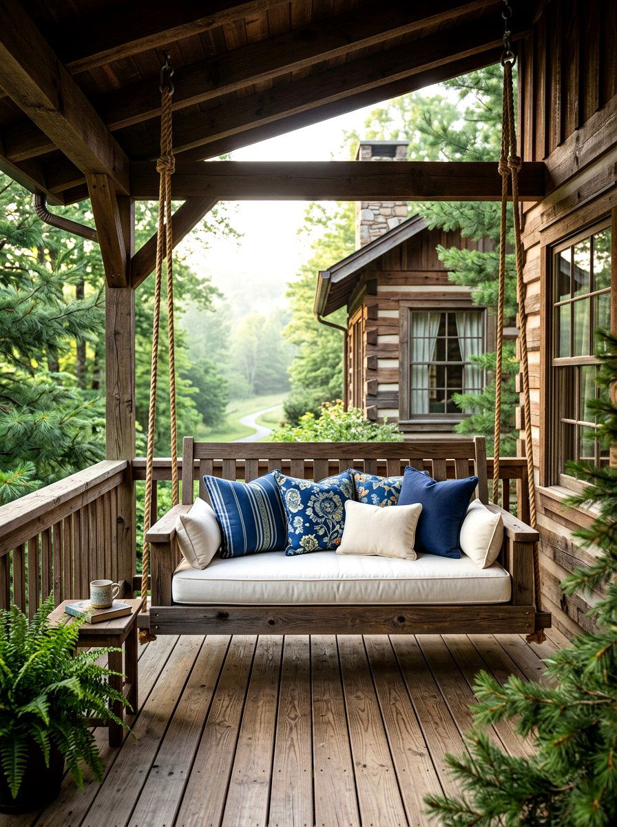 Cabin Patio Porch Swing - 30 mountain cabin patio ideas