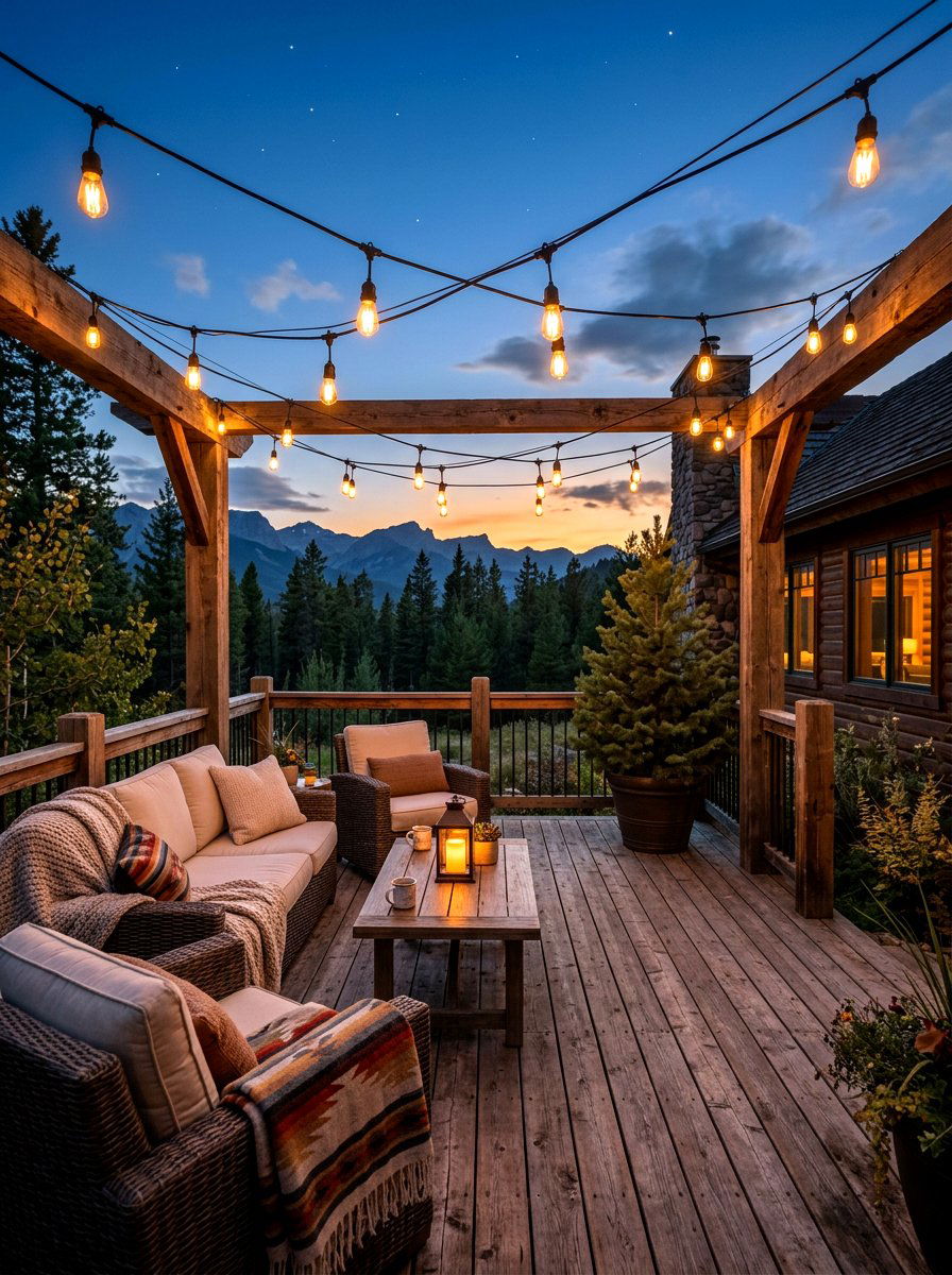 Cabin Patio String Lights - 30 mountain cabin patio ideas