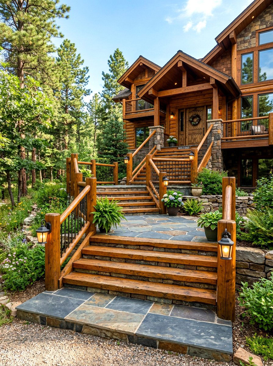 Cabin Porch Staircase Entry - 30 cabin front porch ideas