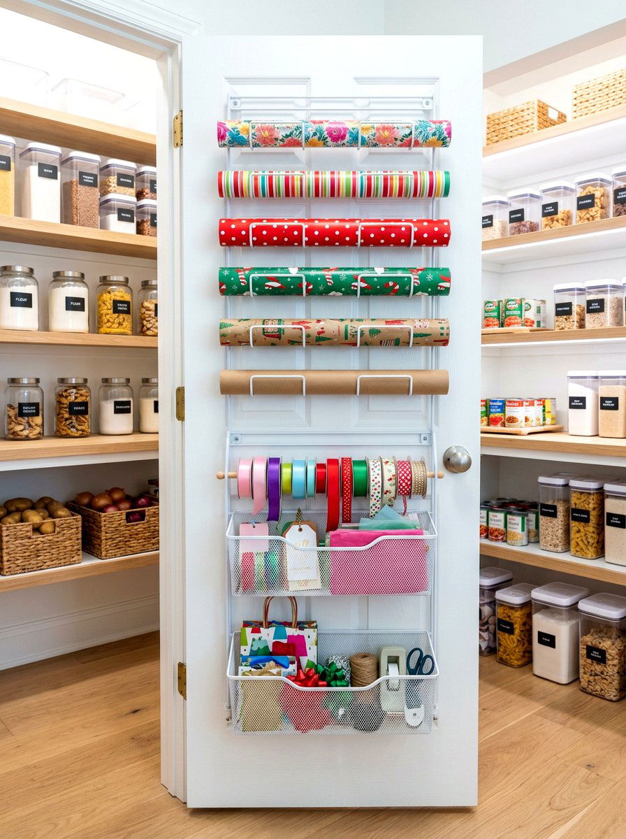Cabinet door wrapping paper rack - 30 wrapping paper storage ideas