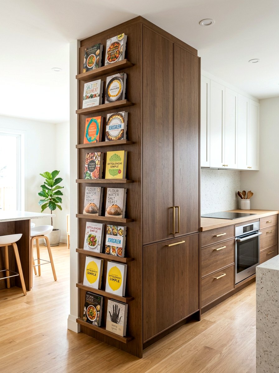 Cabinet side panel shelf - 30 cookbook shelf kitchen ideas