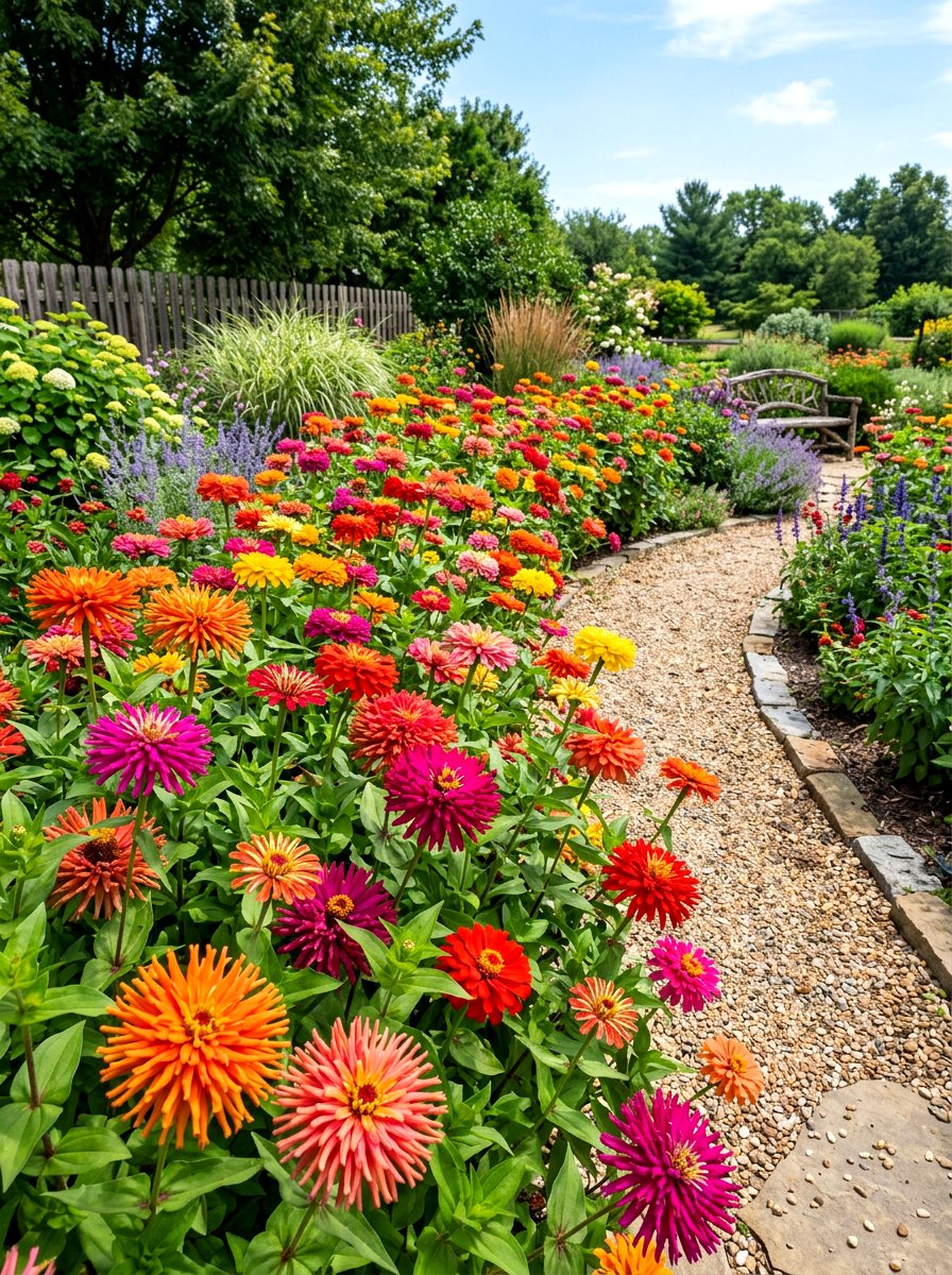 Cactus Flowered Zinnia Garden Display - 30 zinnia border ideas