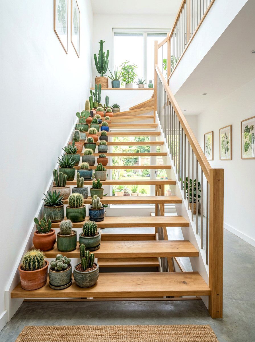 Cactus staircase plant display - 30 cactus decor ideas