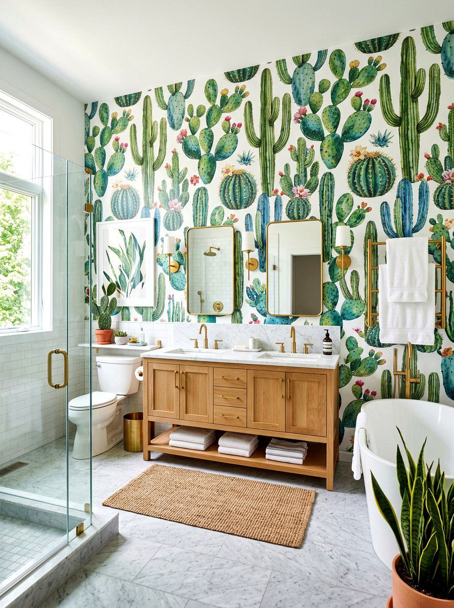 Cactus wallpaper bathroom design - 30 cactus decor ideas