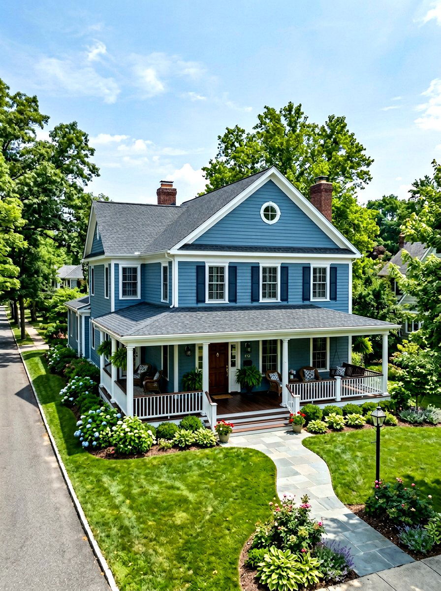 Cadet blue wrap around porch - 30 blue house exterior ideas