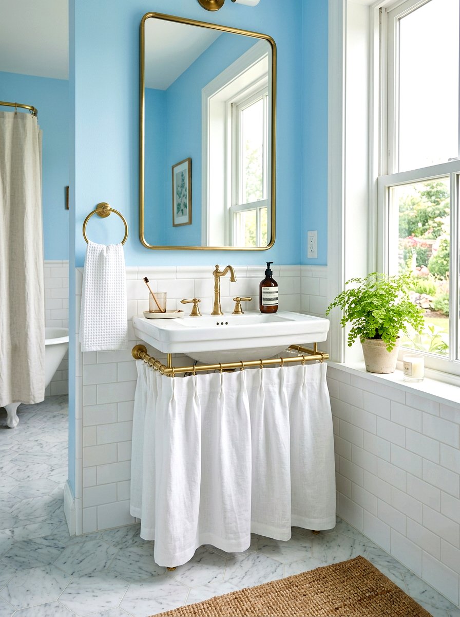 Cafe curtain sink skirt - 30 skirted sink ideas