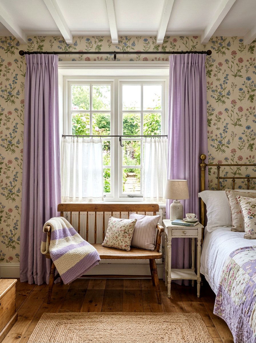 Cafe curtains with full length side panels - 30 bedroom curtain layering ideas
