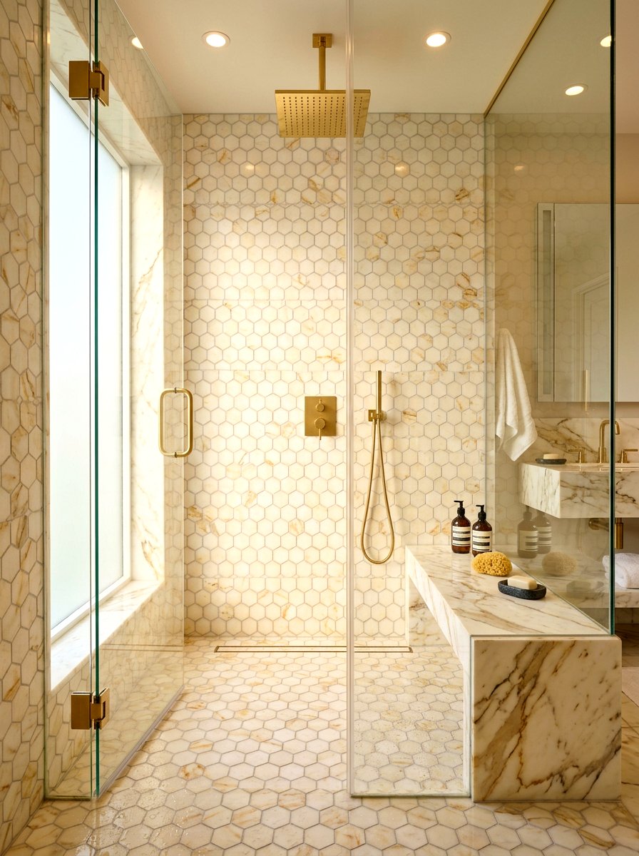 Calacatta Gold Hexagon Shower - 30 marble mosaic bathroom ideas