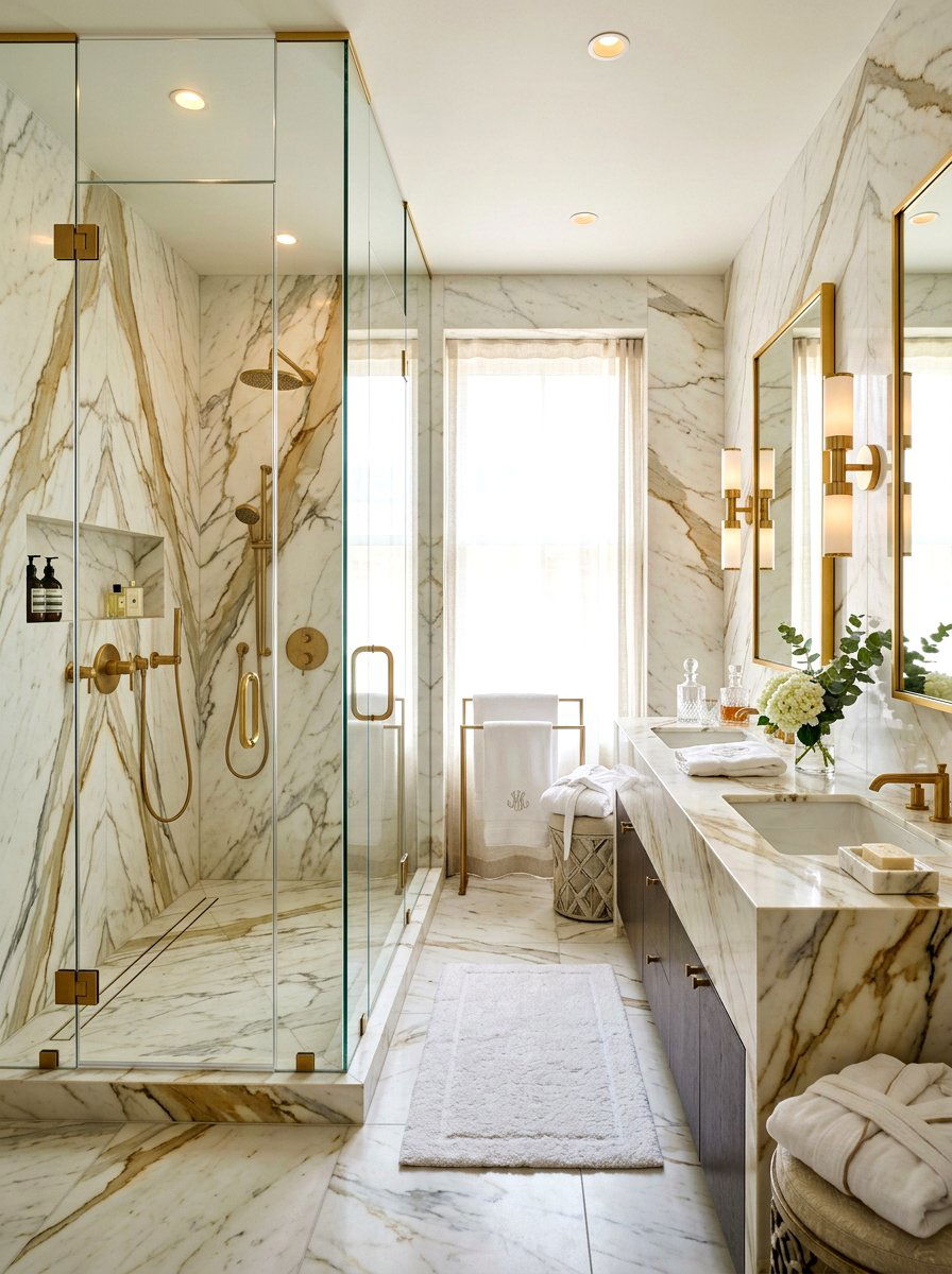 Calacatta Gold Marble Shower - 30 stone slab shower wall ideas