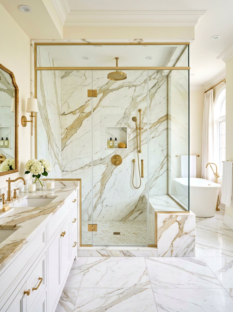 Calacatta Gold Shower - 30 stone slab shower ideas