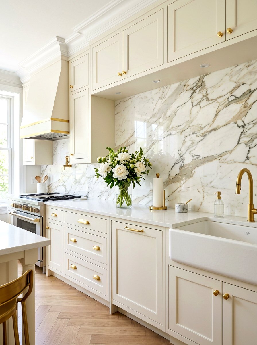 Calacatta gold marble backsplash - 30 slab stone backsplash ideas